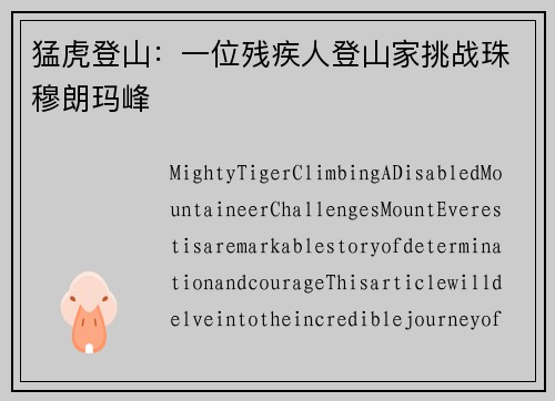 猛虎登山：一位残疾人登山家挑战珠穆朗玛峰